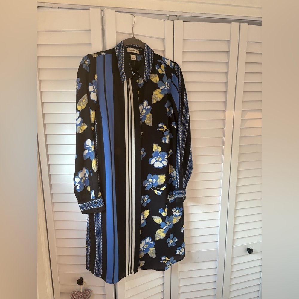 Floral Striped. Blue, Black,Yellow shirt dress and included slip dress. Size 8.